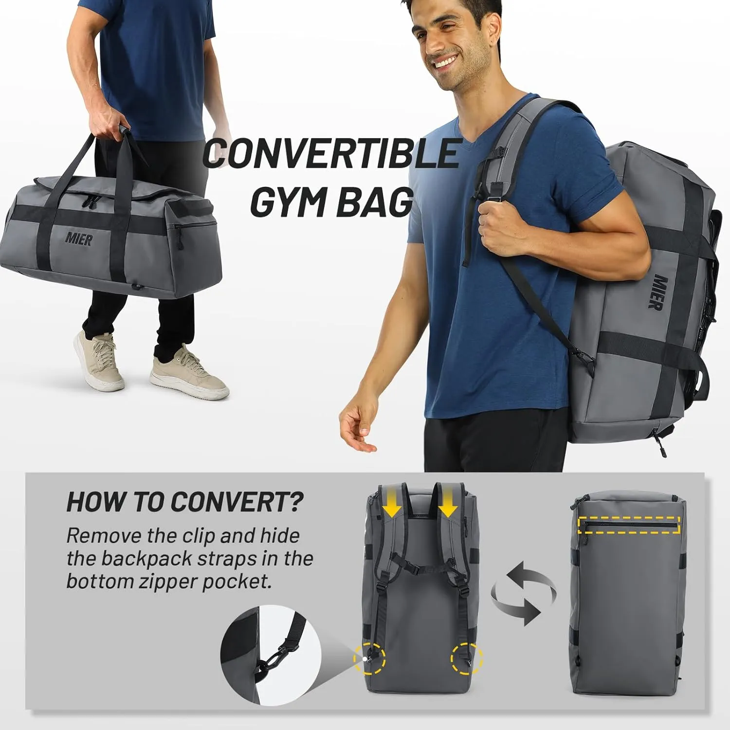 MIER Gym Bag for Men Large Duffel Backpack with Shoe Compartment, 60L Convertible Duffle Bags Weekender Overnight Bag for Gym Sports Travel, Gray