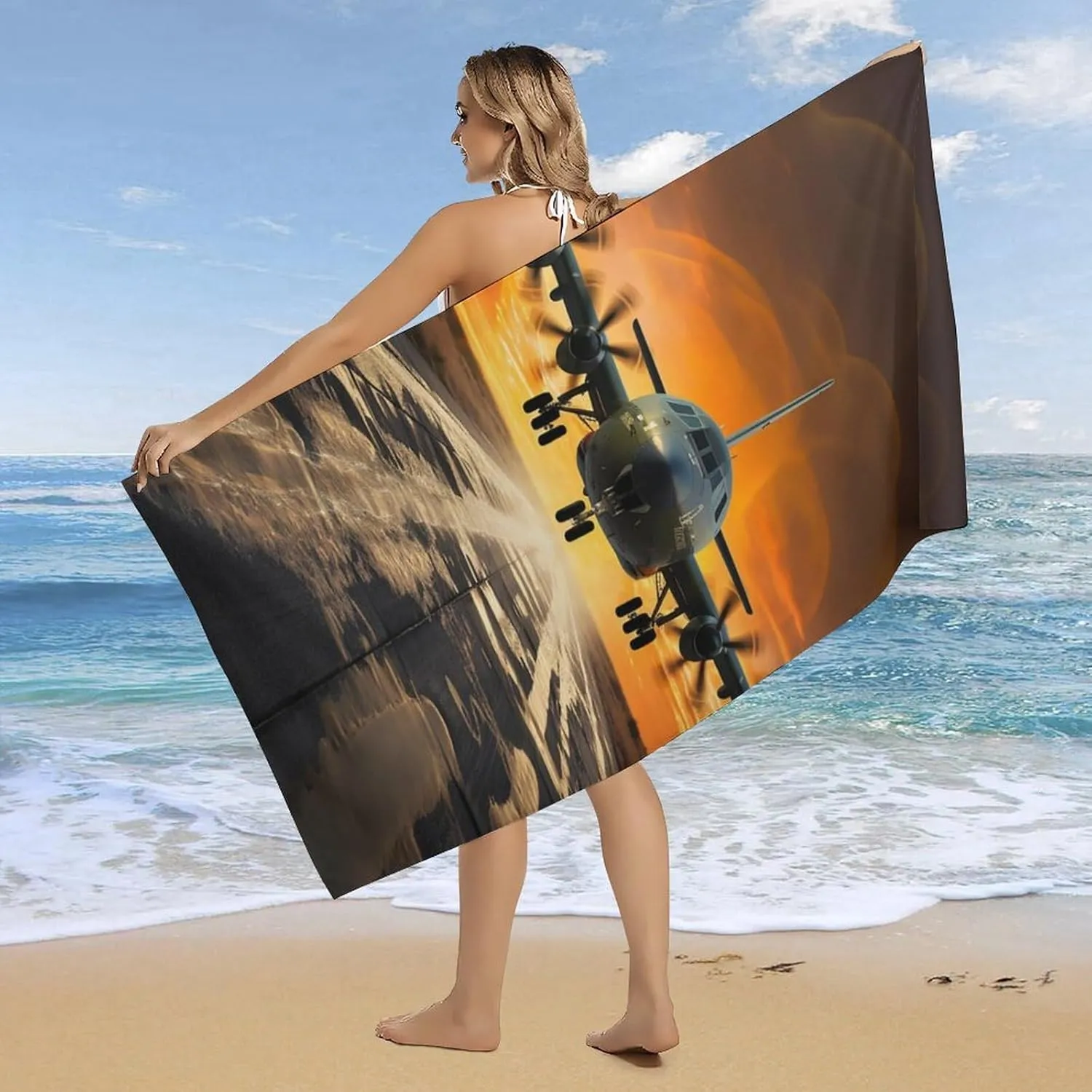 Military Plane Landing On Airforce Runways Against Beautiful DuSky Beach Towel 31"X63" Oversized Beach Towels Lightweight Sand Free Pool Towel Quick Dry Absorbent Bath Towels Vacation Essentials for W
