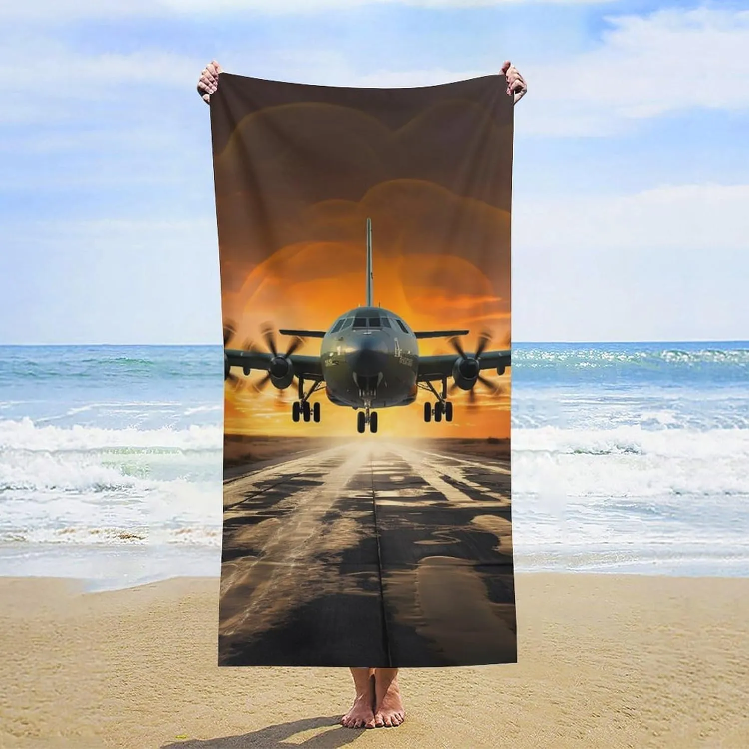 Military Plane Landing On Airforce Runways Against Beautiful DuSky Beach Towel 31"X63" Oversized Beach Towels Lightweight Sand Free Pool Towel Quick Dry Absorbent Bath Towels Vacation Essentials for W
