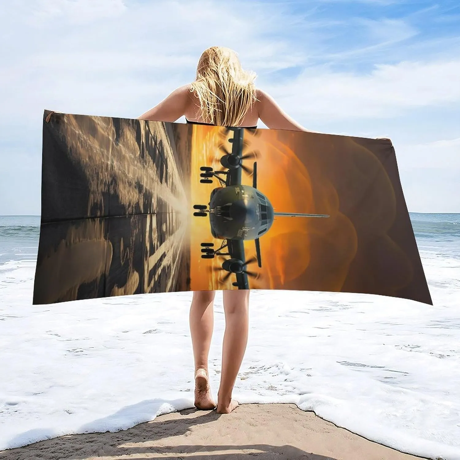 Military Plane Landing On Airforce Runways Against Beautiful DuSky Beach Towel 31"X63" Oversized Beach Towels Lightweight Sand Free Pool Towel Quick Dry Absorbent Bath Towels Vacation Essentials for W