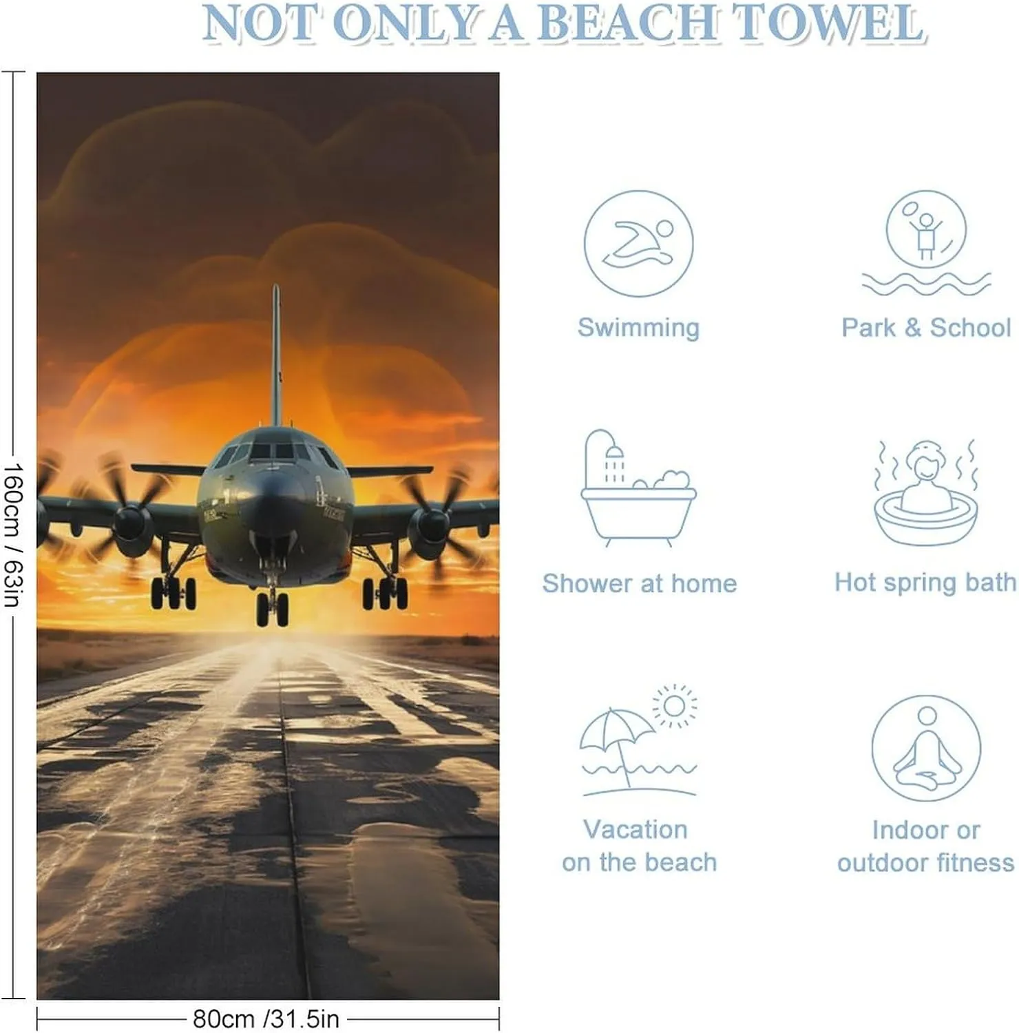 Military Plane Landing On Airforce Runways Against Beautiful DuSky Beach Towel 31"X63" Oversized Beach Towels Lightweight Sand Free Pool Towel Quick Dry Absorbent Bath Towels Vacation Essentials for W