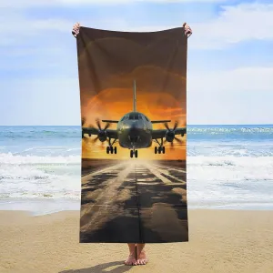 Military Plane Landing On Airforce Runways Against Beautiful DuSky Beach Towel 31"X63" Oversized Beach Towels Lightweight Sand Free Pool Towel Quick Dry Absorbent Bath Towels Vacation Essentials for W
