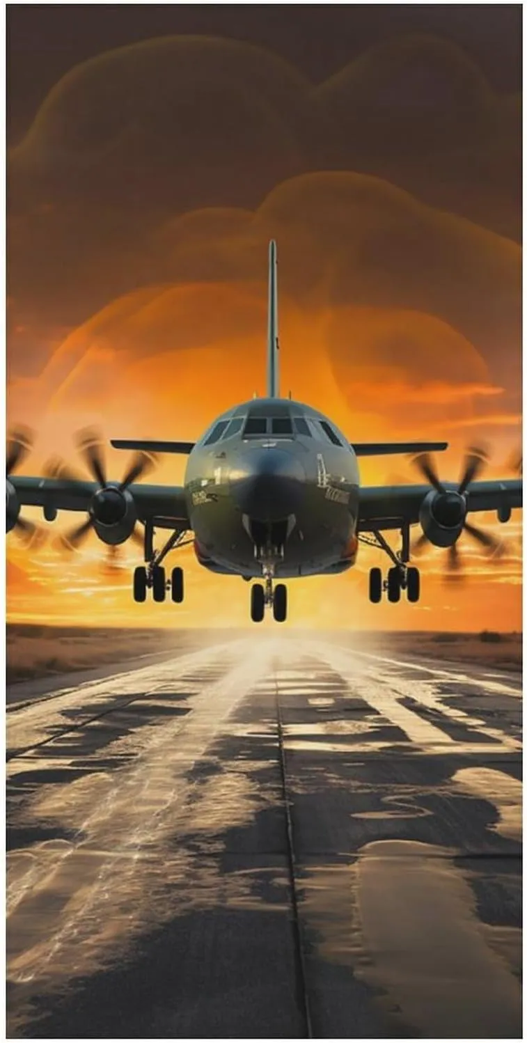 Military Plane Landing On Airforce Runways Against Beautiful DuSky Beach Towel 31"X63" Oversized Beach Towels Lightweight Sand Free Pool Towel Quick Dry Absorbent Bath Towels Vacation Essentials for W