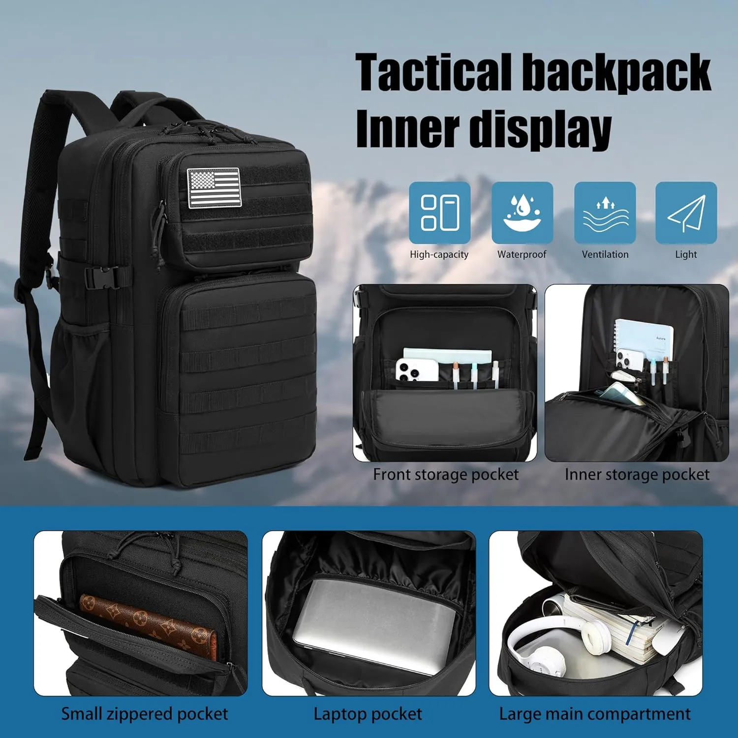 Military Tactical Backpack for Men Waterproof Daypack 3 Day Assault Pack Molle Bag with Water Bottle Holder