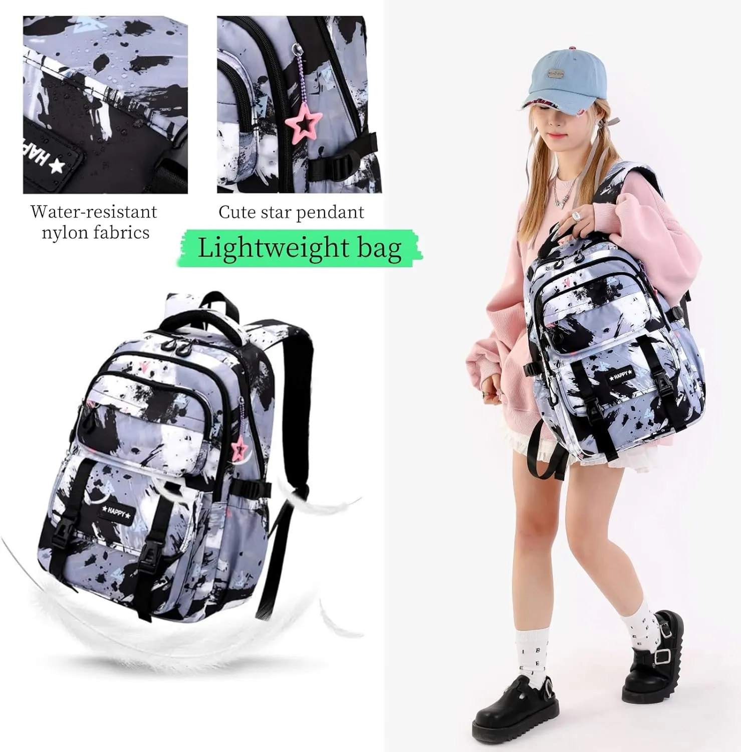 MITOWERMI Backpack for Girls Kids Backpacks with Lunch Box Elementary Middle High School Backpacks Students Bookbag Set School Bags for Teens Girls (Black)