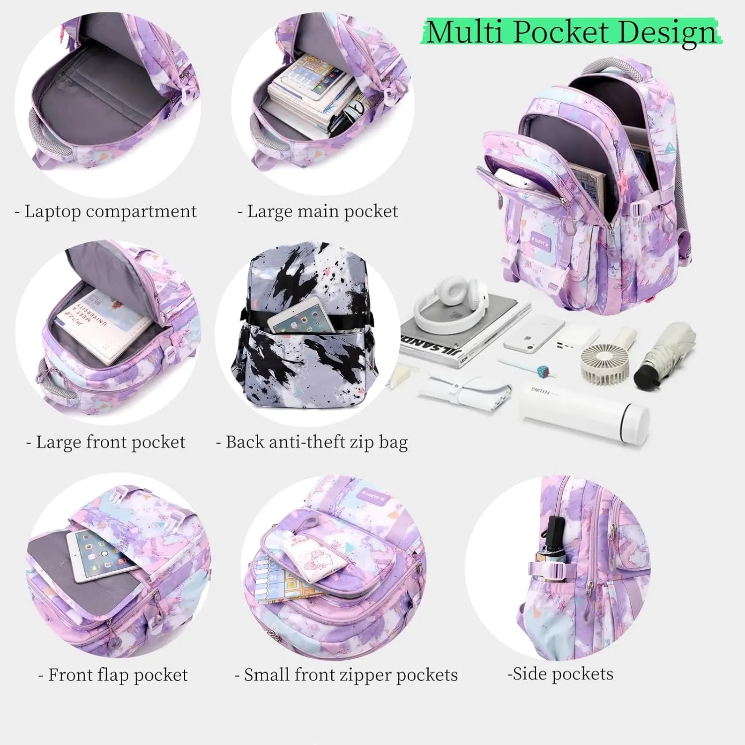 MITOWERMI Backpack for Girls Kids Backpacks with Lunch Box Elementary Middle High School Backpacks Students Bookbag Set School Bags for Teens Girls (Black)