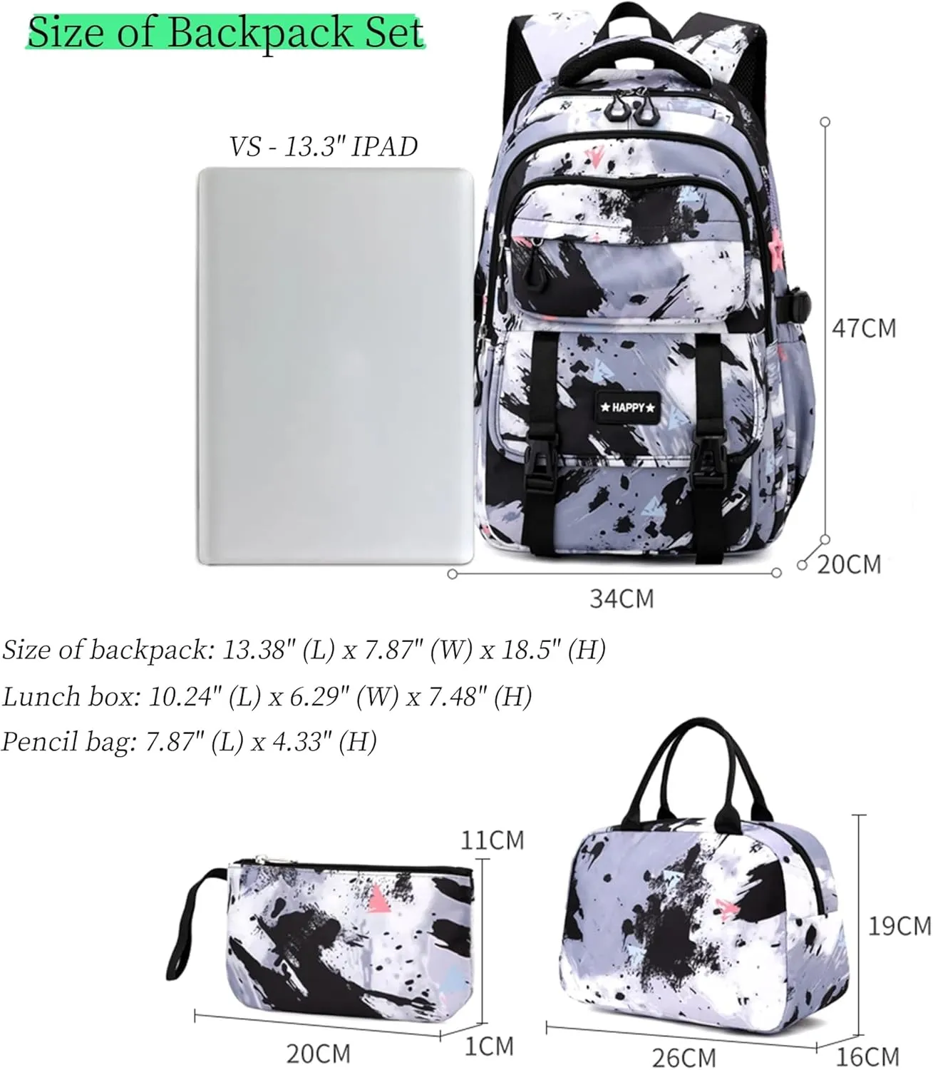 MITOWERMI Backpack for Girls Kids Backpacks with Lunch Box Elementary Middle High School Backpacks Students Bookbag Set School Bags for Teens Girls (Black)
