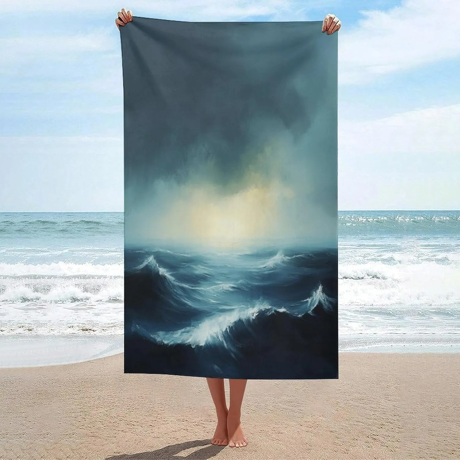 Modern Abstract Seascape Waves Beach Towel Sand Free Microfiber Large Shower Towels Multipurpose Absorbent for Bathroom Pool 52x32 Inch