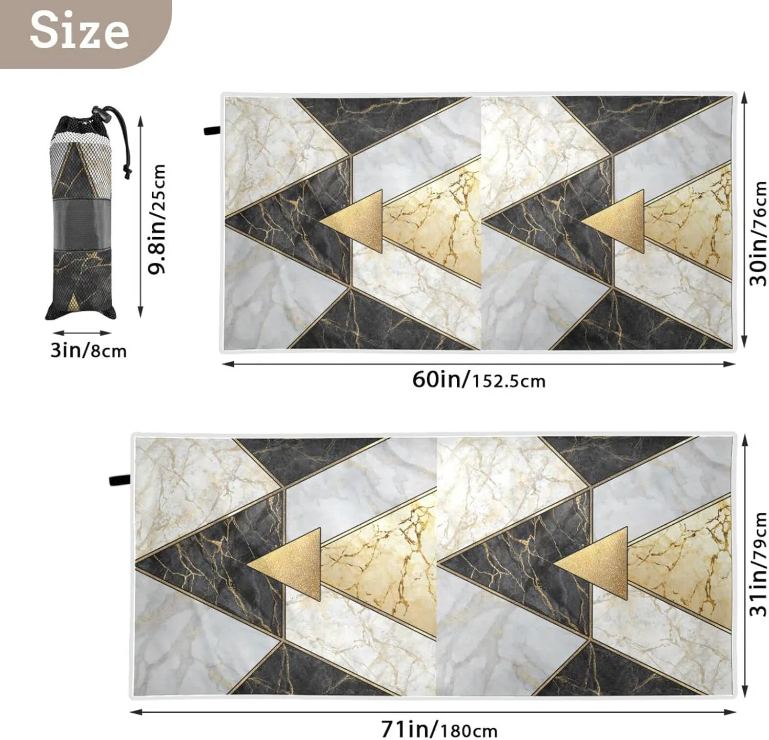 Modern Marbling Gold Black White Marble Geometric Triangle Granite Quick Drying Beach Towel, Foldable Yoga Towel, Soft Sport Towel, Sweat Absorbent Towel with Storage Mesh Bag 31 x 71 inch (M)