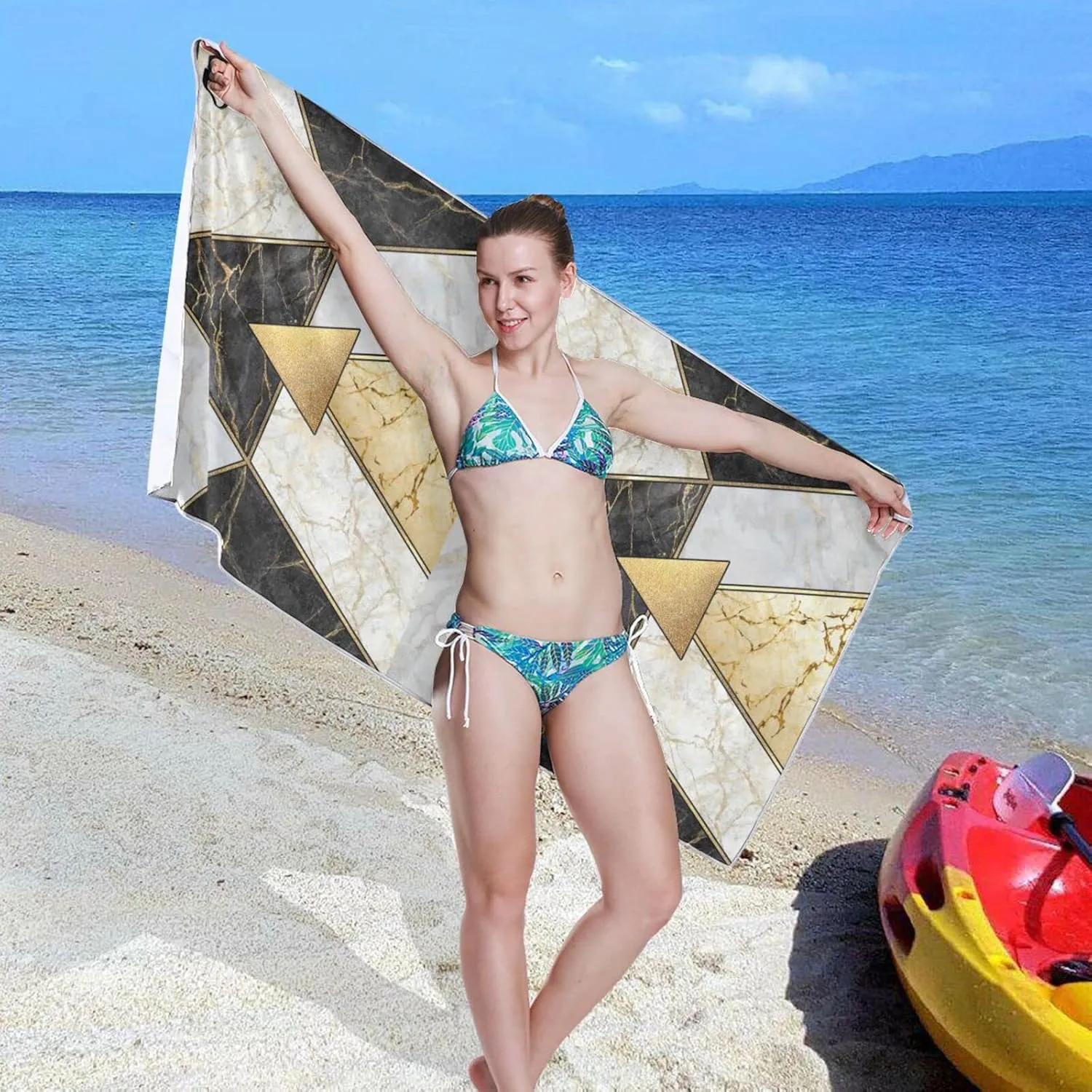 Modern Marbling Gold Black White Marble Geometric Triangle Granite Quick Drying Beach Towel, Foldable Yoga Towel, Soft Sport Towel, Sweat Absorbent Towel with Storage Mesh Bag 31 x 71 inch (M)