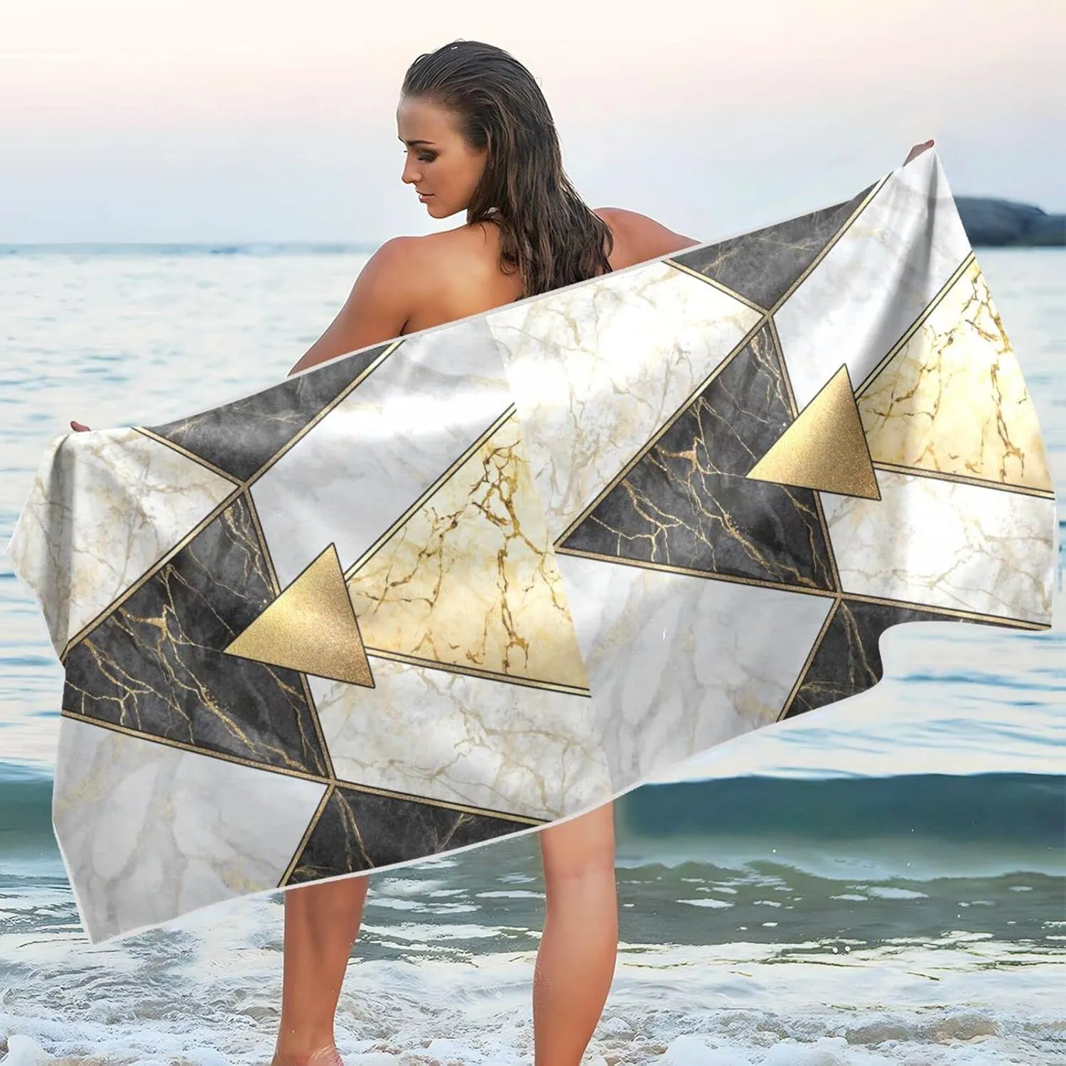 Modern Marbling Gold Black White Marble Geometric Triangle Granite Quick Drying Beach Towel, Foldable Yoga Towel, Soft Sport Towel, Sweat Absorbent Towel with Storage Mesh Bag 31 x 71 inch (M)