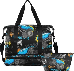 Monster Truck Tires Travel Duffel Bag for Women Men Gym Bag with Shoe Compartment Wet Pocket Carry On Weekender Overnight Bags for Travel Gym Yoga School