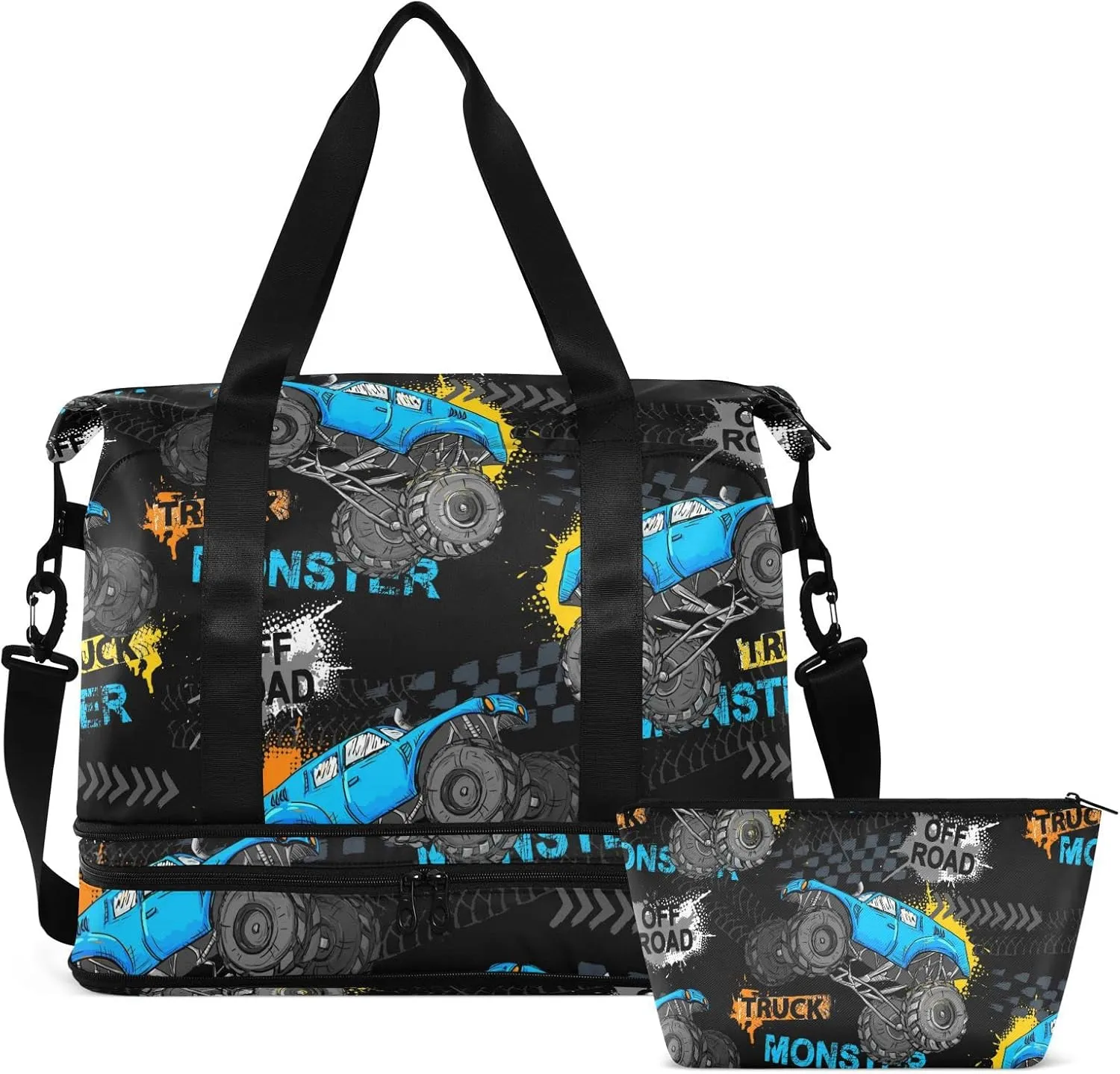 Monster Truck Tires Travel Duffel Bag for Women Men Gym Bag with Shoe Compartment Wet Pocket Carry On Weekender Overnight Bags for Travel Gym Yoga School