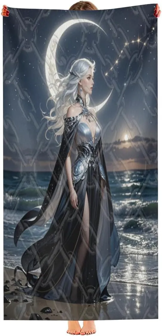 Moon Goddess Beach Towel, Enchanting Lunar Deity Silhouette Under Starry Sky on Soft Microfiber, Mystical Art Throw for Pool, Travel, or Outdoor Retreat 30x60 inch