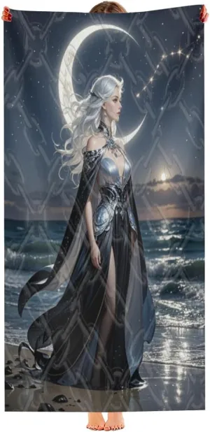 Moon Goddess Beach Towel, Enchanting Lunar Deity Silhouette Under Starry Sky on Soft Microfiber, Mystical Art Throw for Pool, Travel, or Outdoor Retreat 30x60 inch