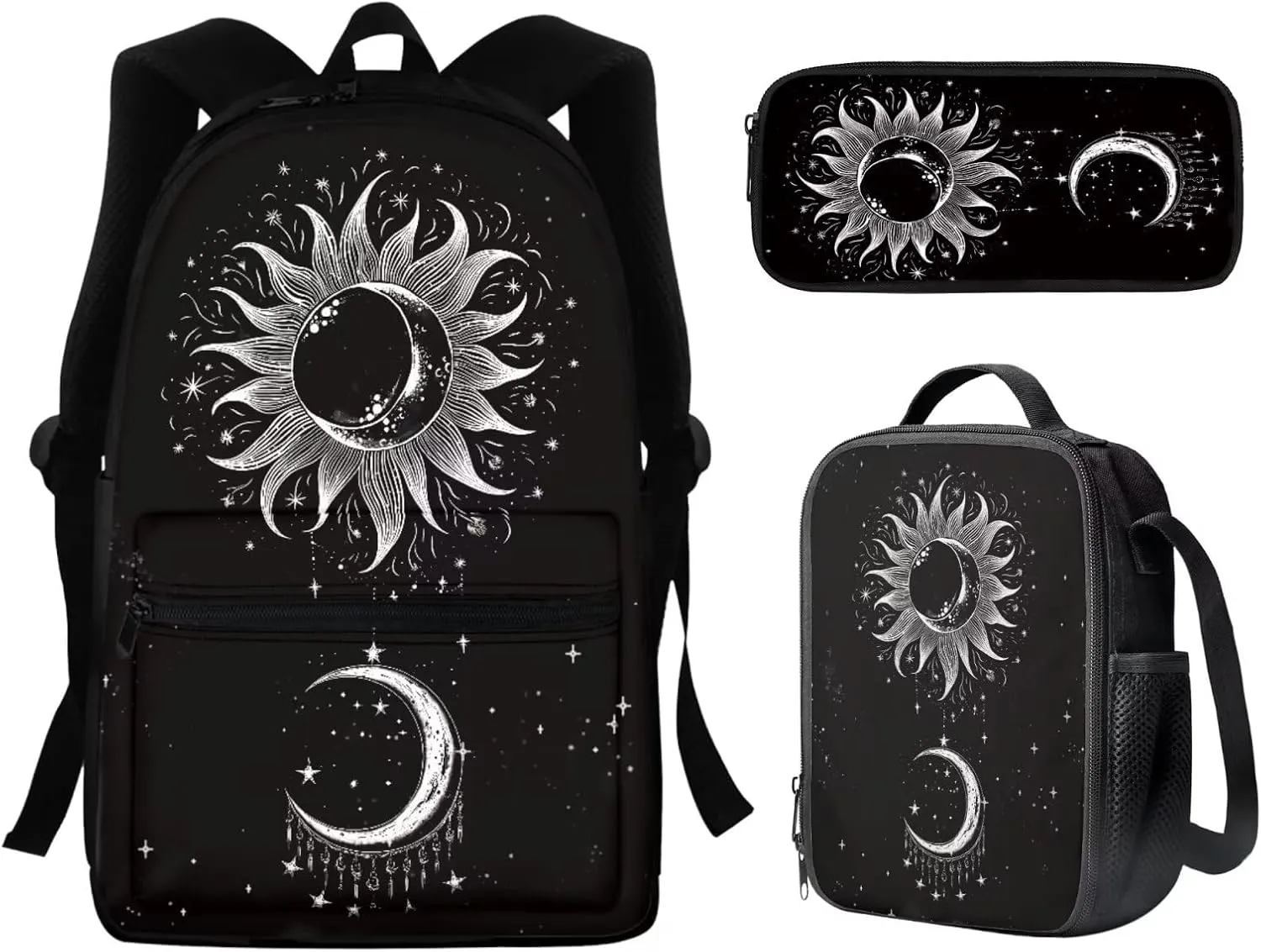 Moon Star and Sun Backpack Purse 3 PCS Middle School Bag with Lunch Box Pencil Case Set Galaxy Space School Bookbag for Elementary/Preschool/Kindergarten Back Packs Satchel Daypack