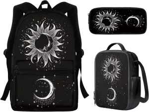 Moon Star and Sun Backpack Purse 3 PCS Middle School Bag with Lunch Box Pencil Case Set Galaxy Space School Bookbag for Elementary/Preschool/Kindergarten Back Packs Satchel Daypack