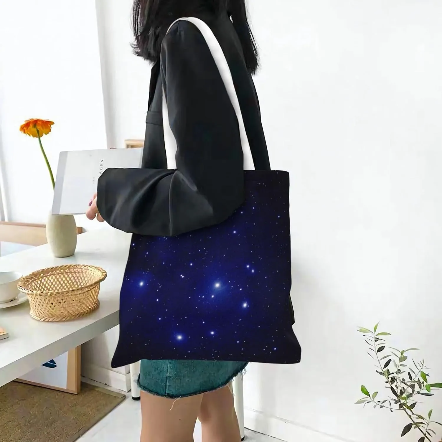Moon Starry Galaxy Tote Bag Reusable Shoulder Tote Bag For Women Lady Vacation, Shopping, Work