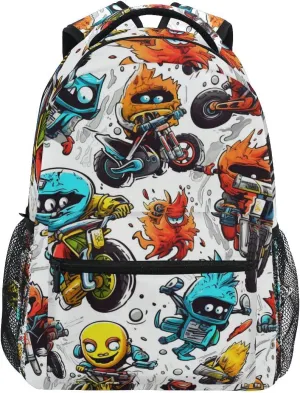 Motorcycle Monster School Backpack Bookbag for Boys Girls Elementary School Casual Travel Bag Computer Laptop Daypack