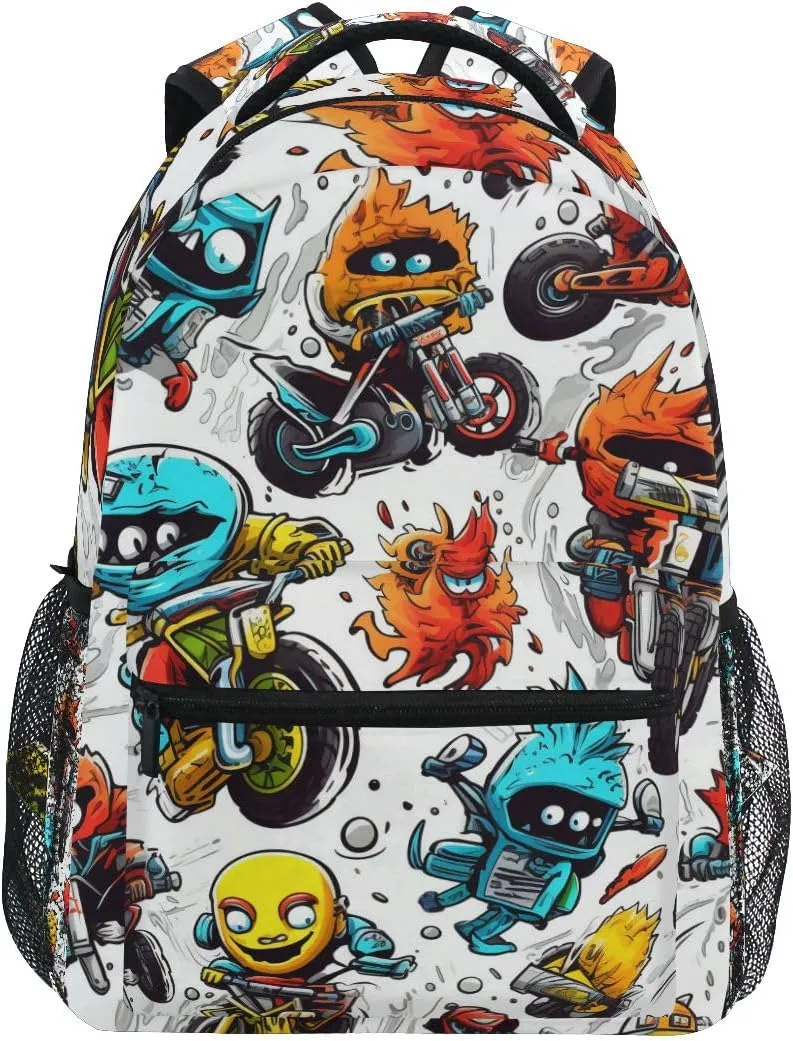 Motorcycle Monster School Backpack Bookbag for Boys Girls Elementary School Casual Travel Bag Computer Laptop Daypack