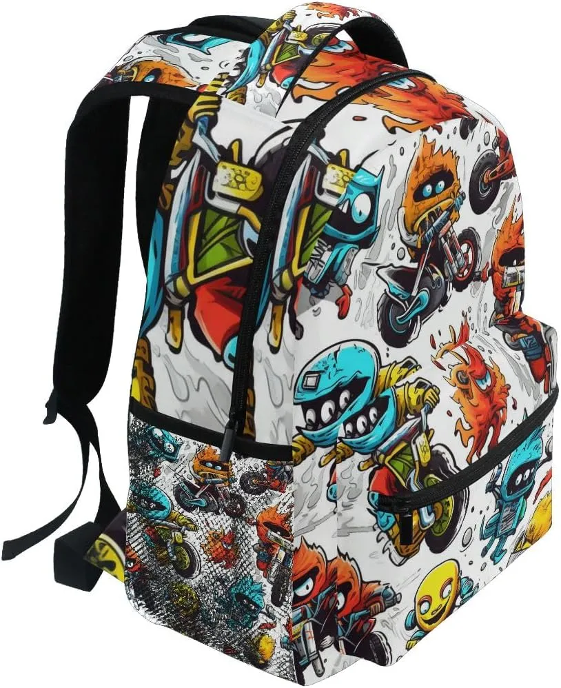 Motorcycle Monster School Backpack Bookbag for Boys Girls Elementary School Casual Travel Bag Computer Laptop Daypack