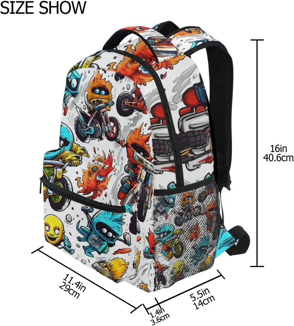 Motorcycle Monster School Backpack Bookbag for Boys Girls Elementary School Casual Travel Bag Computer Laptop Daypack