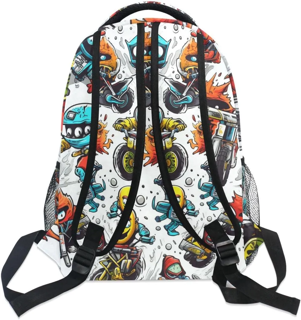 Motorcycle Monster School Backpack Bookbag for Boys Girls Elementary School Casual Travel Bag Computer Laptop Daypack