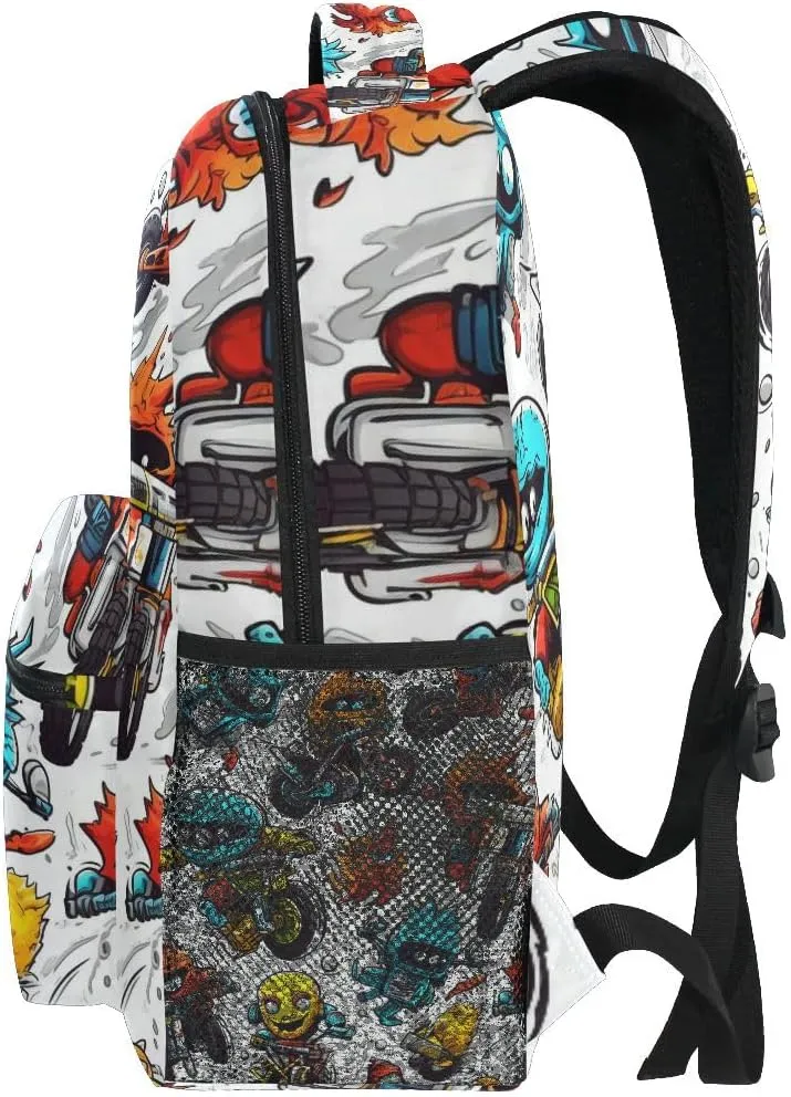 Motorcycle Monster School Backpack Bookbag for Boys Girls Elementary School Casual Travel Bag Computer Laptop Daypack
