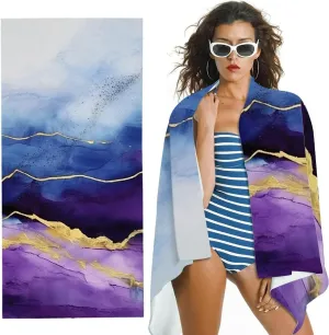 Mountain Range Blue Sky Abstract Brush Strokes Microfiber Beach Towel, Ultra-Soft, Machine Washable, Ideal for Bathroom, Beach, Yoga, Camping, Hiking 30x60in