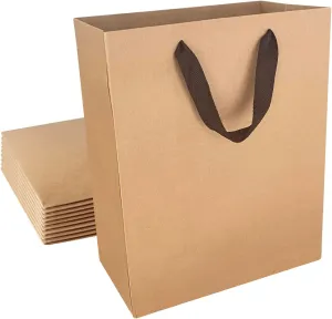 MULBERRY Brown Paper Gift Bag with Cotton Ribbon Handle, 12.5"x9.75"x5", 10 Pcs, Heavy duty, for Shopping, Retail, Party, Merchandise, Wedding