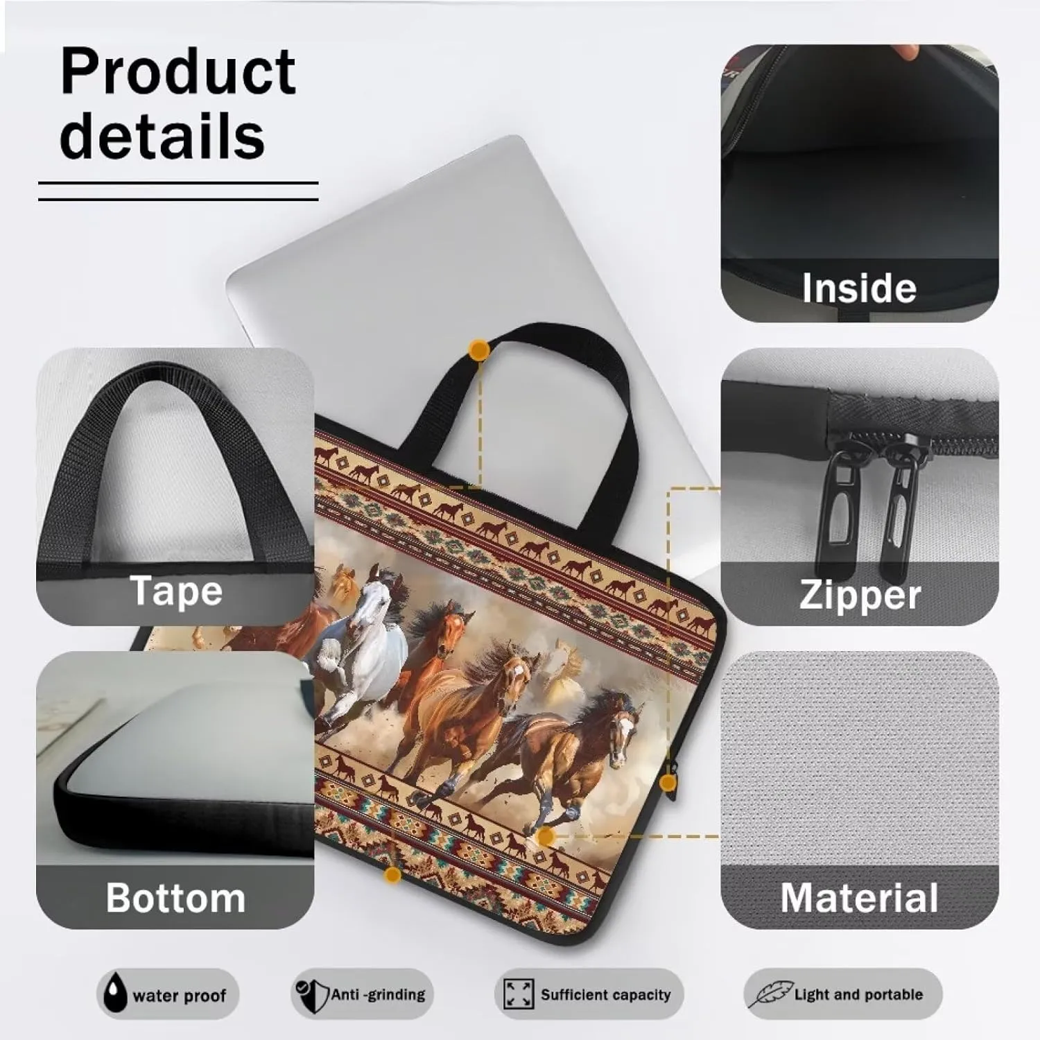 Mumeson Cow Tribal Horse Laptop Bag, Portable Shockproof Laptop Case Handbag Briefcase Laptop Cover Computer Case Handbag Protective Laptop Bag