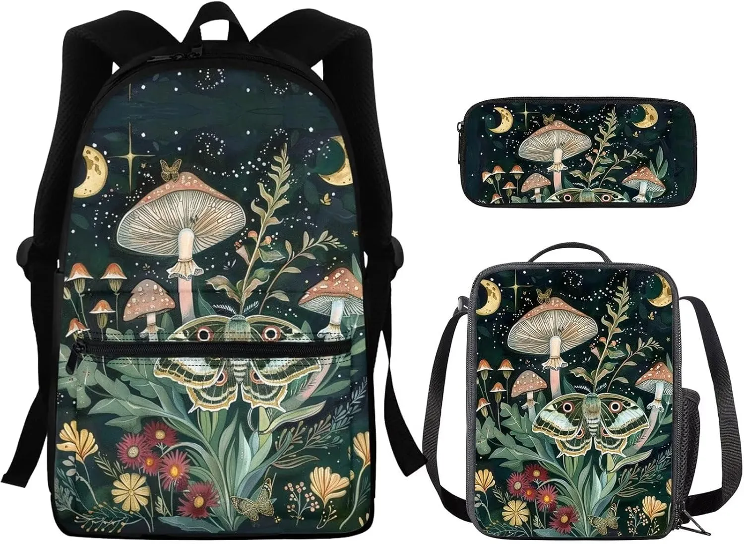 Mushroom Backpack with Lunch Bag for Boys Lightweight Large Capacity Girl School Bag Canvas Insulated Lunch Tote Box and Mini Pencil Case for High School