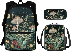 Mushroom Backpack with Lunch Bag for Boys Lightweight Large Capacity Girl School Bag Canvas Insulated Lunch Tote Box and Mini Pencil Case for High School
