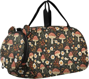 Mushroom Flowers Duffel Bag with Shoes Compartment Large Capacity Kids Overnight Bag for Travel, Sports, Fitness & Workout