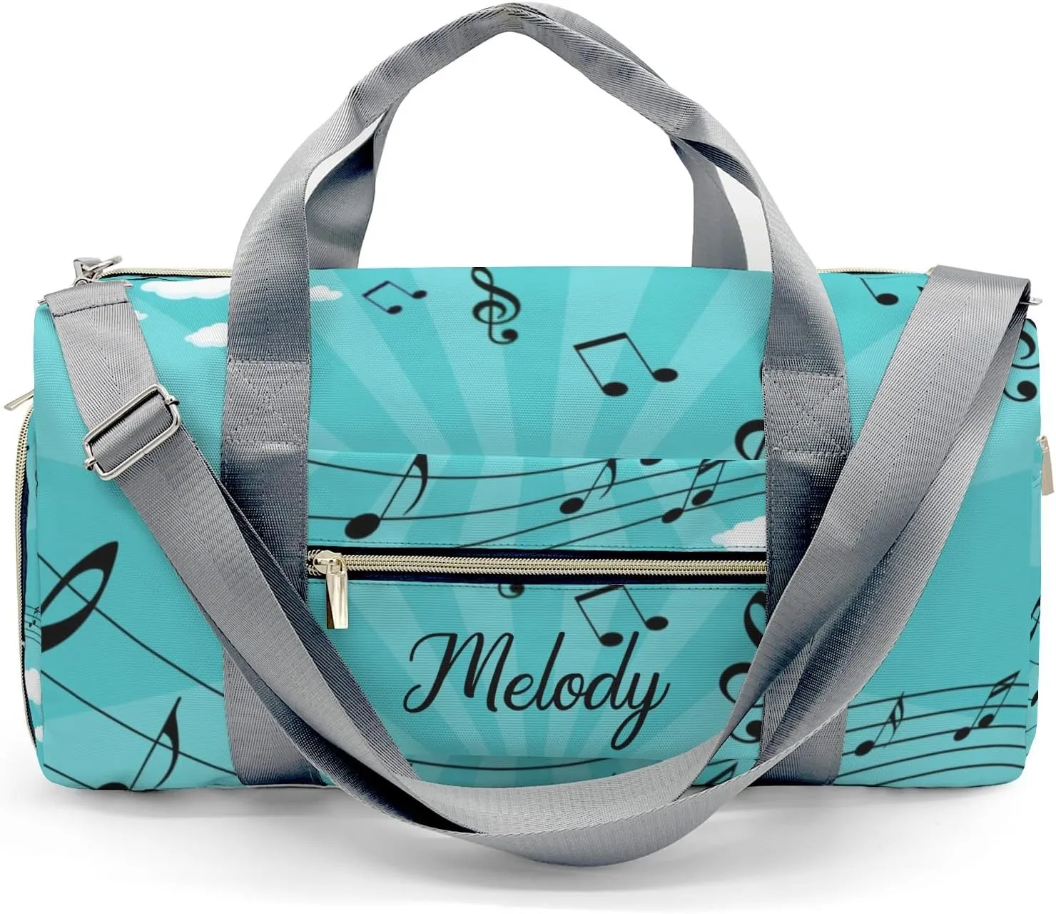 Music Musical Notes Green Personalized Duffel Bag,Custom Travel Gym Bag with Name,Waterproof Sports Overnight Bag with Shoe Compartment & Shoulder Strap