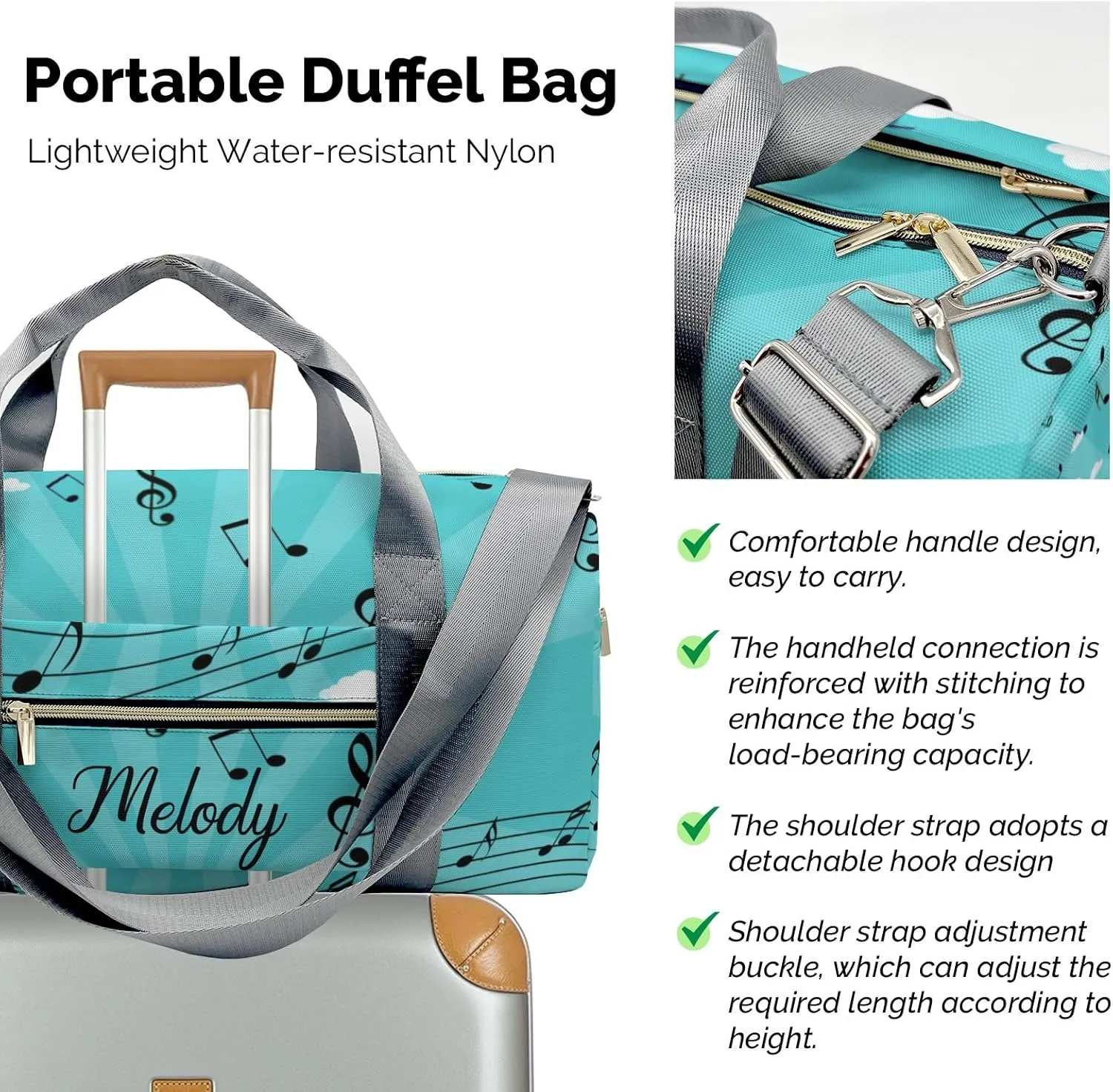 Music Musical Notes Green Personalized Duffel Bag,Custom Travel Gym Bag with Name,Waterproof Sports Overnight Bag with Shoe Compartment & Shoulder Strap