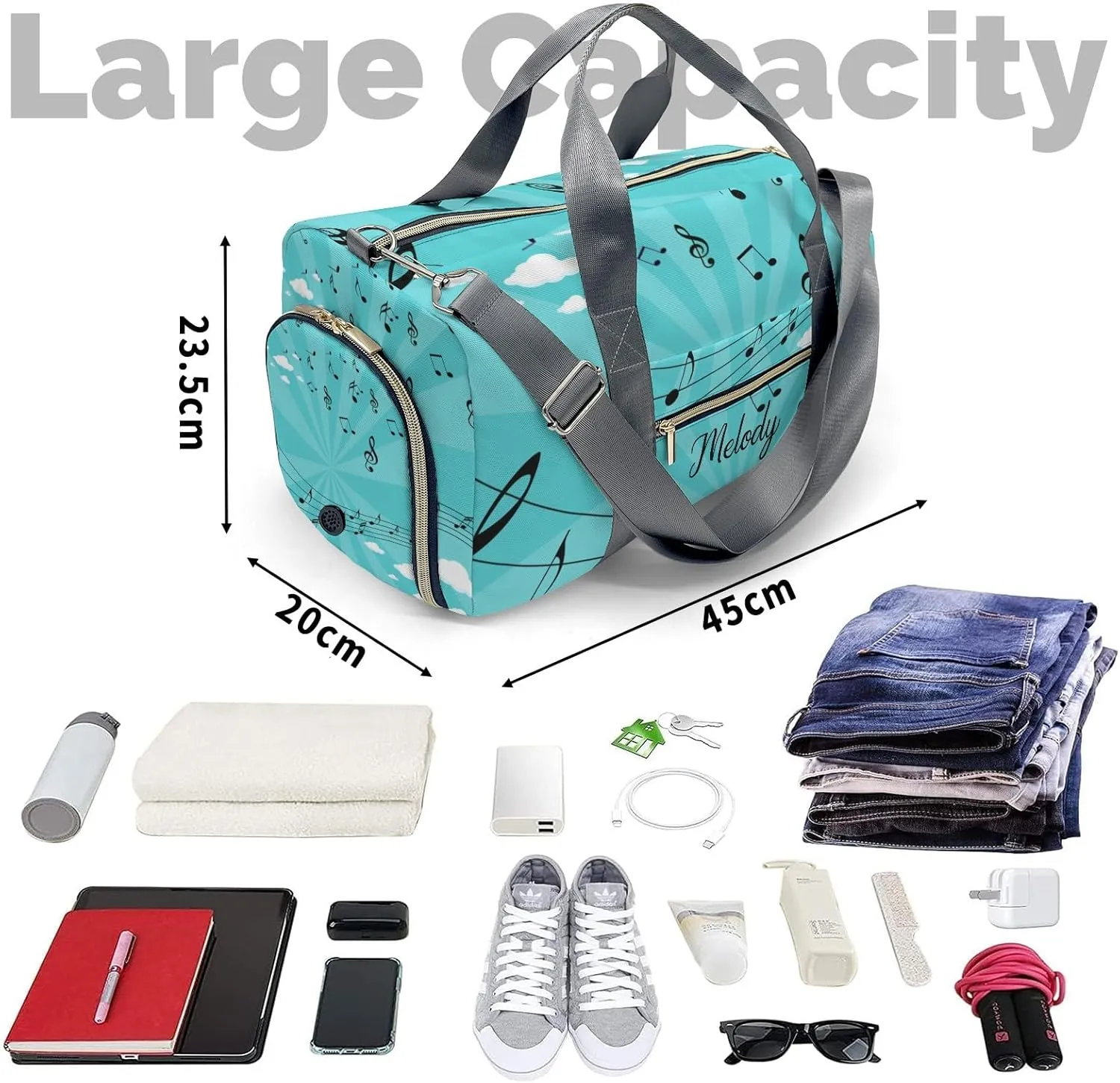 Music Musical Notes Green Personalized Duffel Bag,Custom Travel Gym Bag with Name,Waterproof Sports Overnight Bag with Shoe Compartment & Shoulder Strap