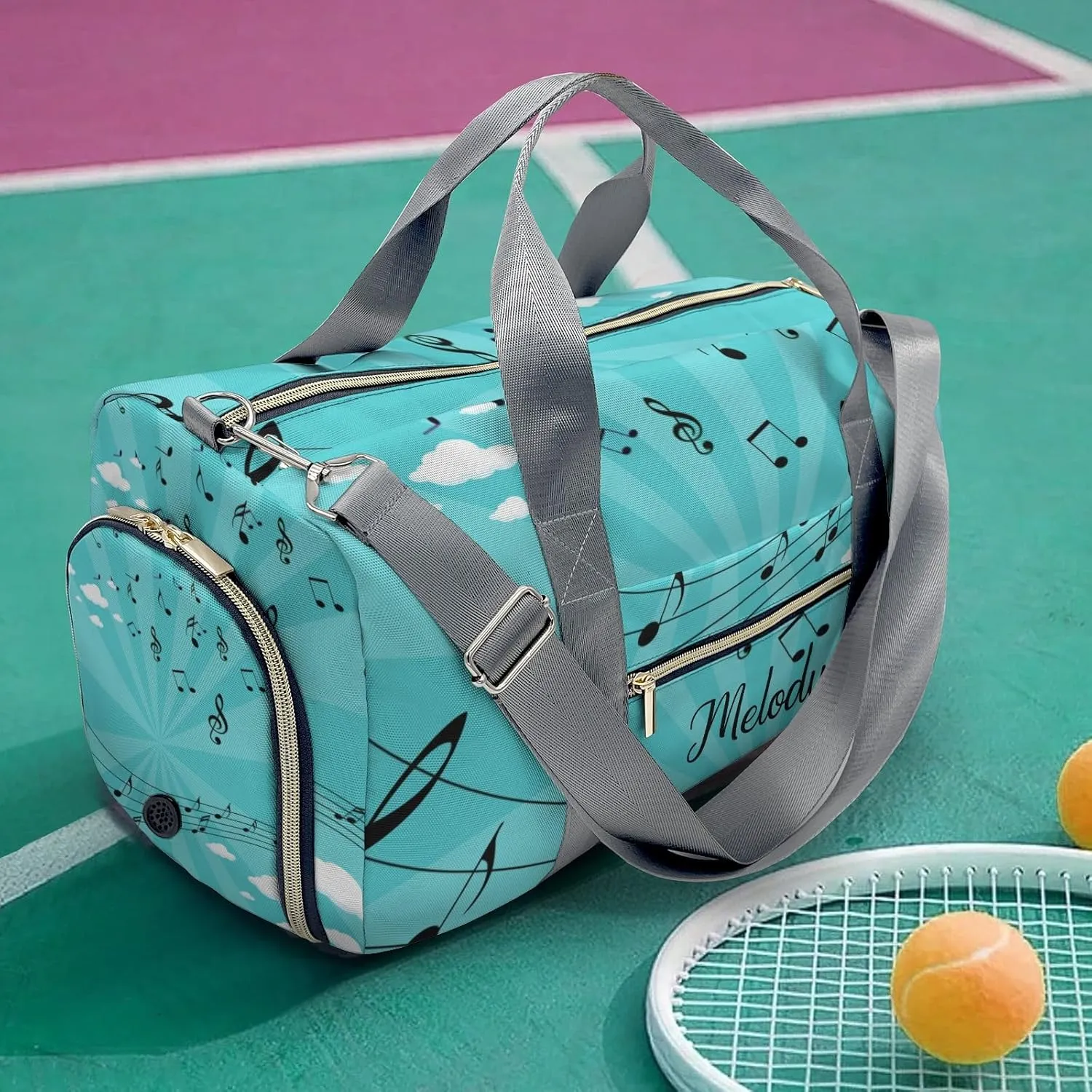 Music Musical Notes Green Personalized Duffel Bag,Custom Travel Gym Bag with Name,Waterproof Sports Overnight Bag with Shoe Compartment & Shoulder Strap