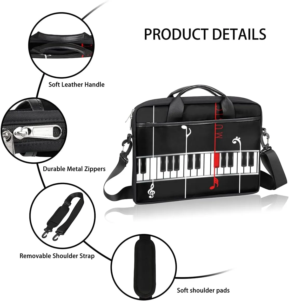 Music Notes Piano Keys Laptop Shoulder Messenger Bag Waterproof Laptop Briefcase Handle Padded Strap