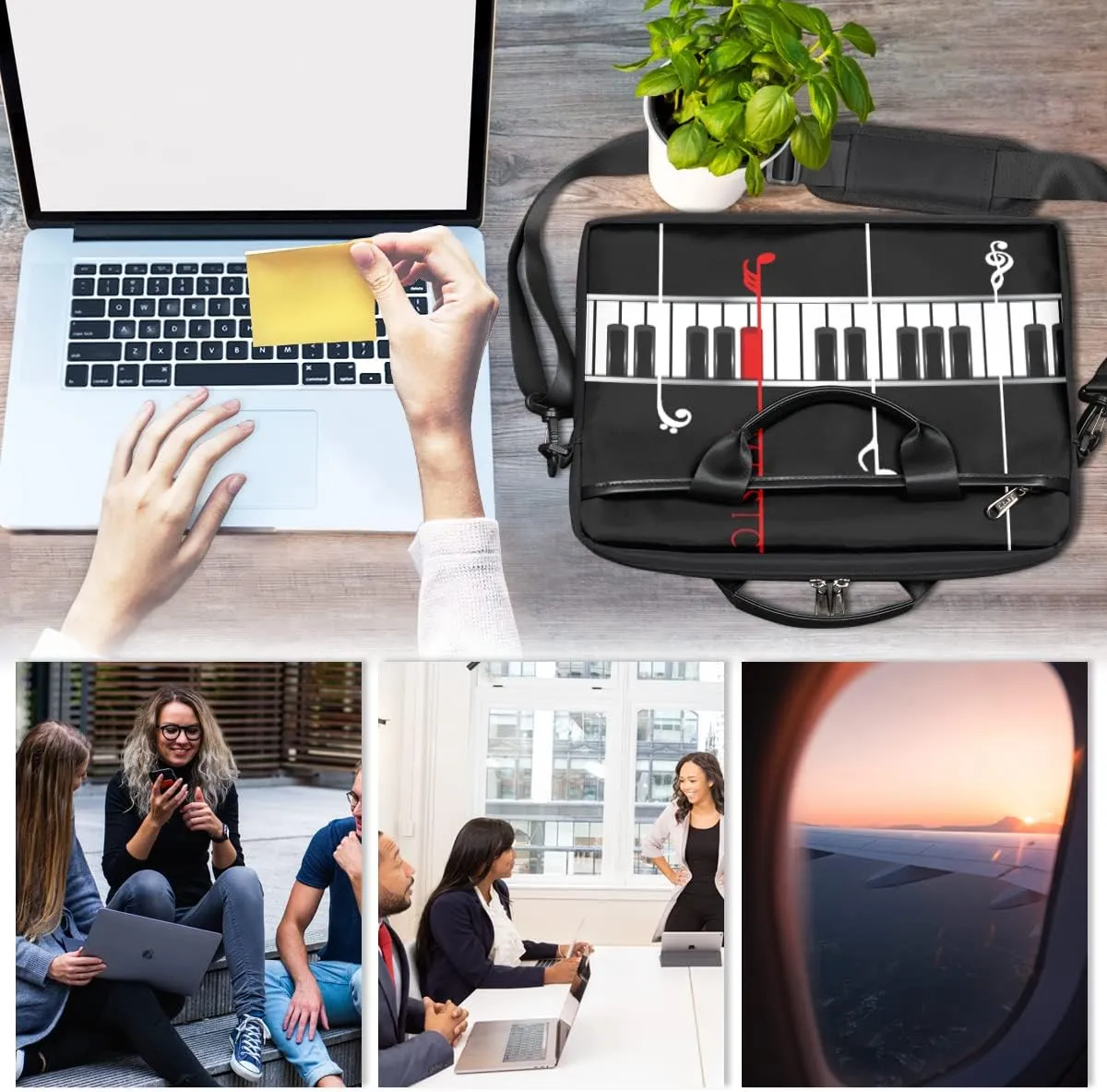 Music Notes Piano Keys Laptop Shoulder Messenger Bag Waterproof Laptop Briefcase Handle Padded Strap