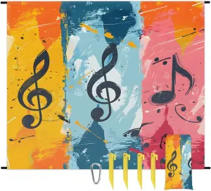 Music Print Beach Blanket 68" x 59" Sandproof Waterproof Lightweight Beach Mat for Travel, Camping, Hiking, Picnic, Festivals with 4 Stakes, 1 Travel Carry Bag, 1 Carabiner