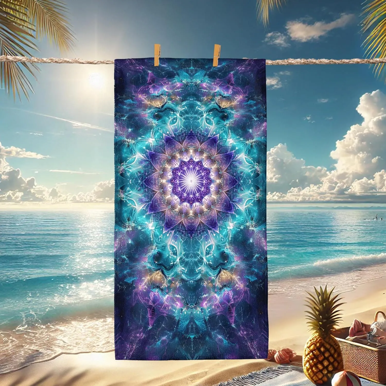 Mystical Mandala Beach Towel Vibrant Aqua Turquoise Spiritual Tapestry Quick Dry Absorbent Sand Free Lightweight Travel Blanket, Pool Picnic Essentials 62x31 Inch