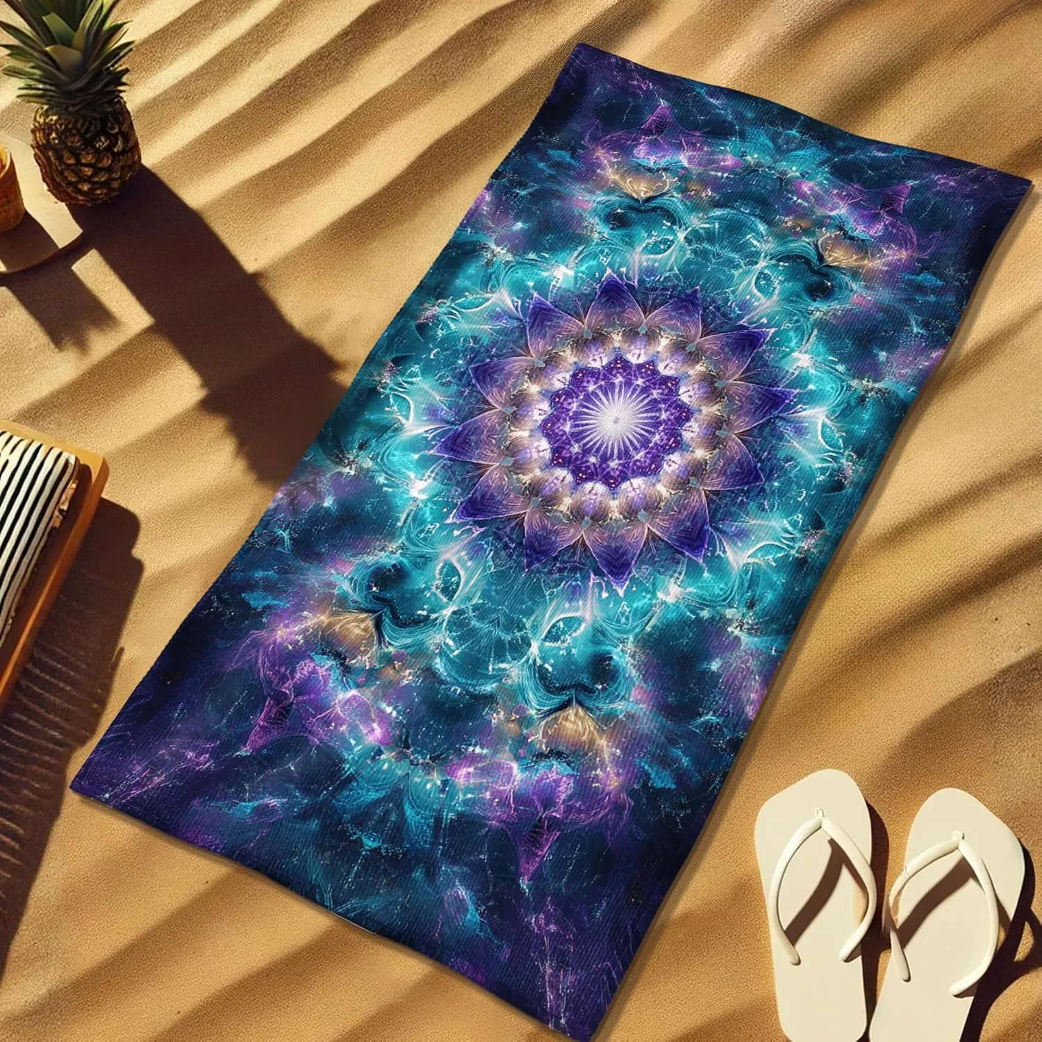 Mystical Mandala Beach Towel Vibrant Aqua Turquoise Spiritual Tapestry Quick Dry Absorbent Sand Free Lightweight Travel Blanket, Pool Picnic Essentials 62x31 Inch