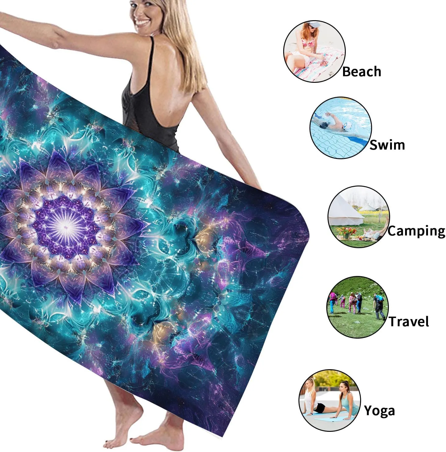 Mystical Mandala Beach Towel Vibrant Aqua Turquoise Spiritual Tapestry Quick Dry Absorbent Sand Free Lightweight Travel Blanket, Pool Picnic Essentials 62x31 Inch