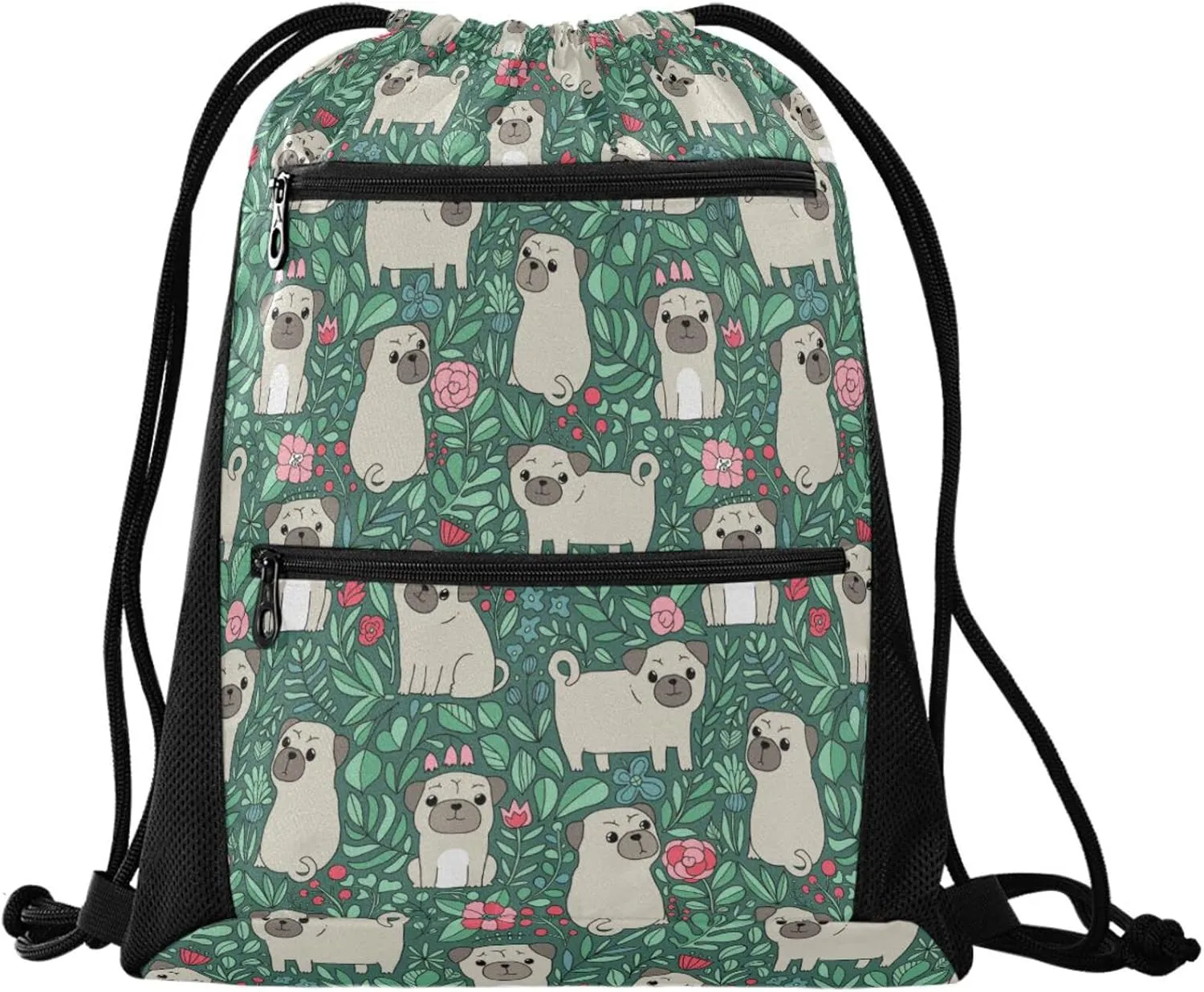 Nannle Cartoon Pug Dogs Green Leaves Large Drawstring Sackpack Bag with Zipper Pockets for Sport Equipment Gym Pool Swimming Beach