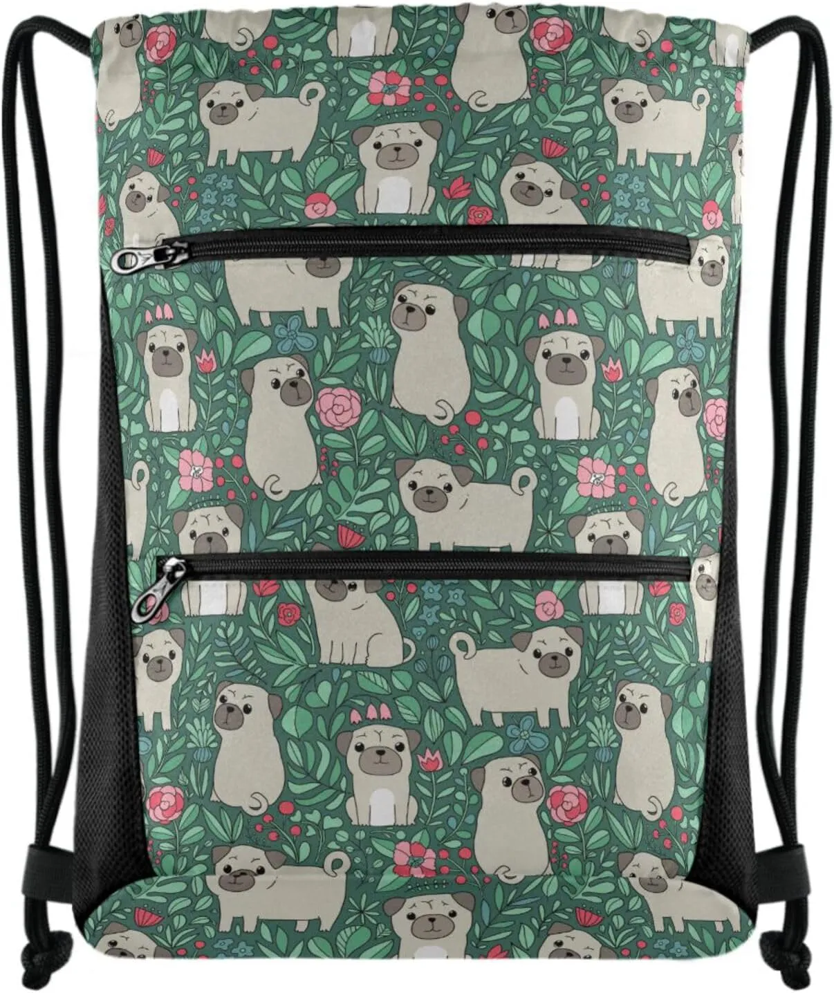 Nannle Cartoon Pug Dogs Green Leaves Large Drawstring Sackpack Bag with Zipper Pockets for Sport Equipment Gym Pool Swimming Beach