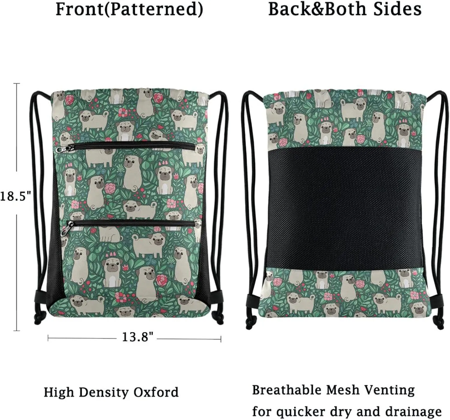 Nannle Cartoon Pug Dogs Green Leaves Large Drawstring Sackpack Bag with Zipper Pockets for Sport Equipment Gym Pool Swimming Beach