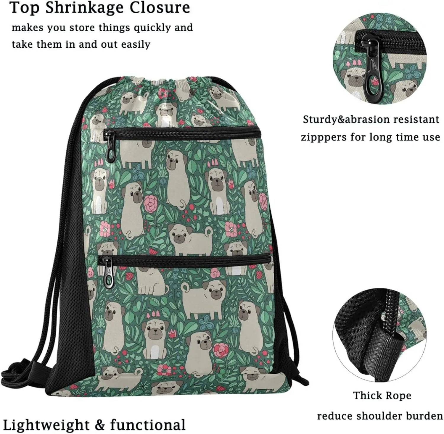 Nannle Cartoon Pug Dogs Green Leaves Large Drawstring Sackpack Bag with Zipper Pockets for Sport Equipment Gym Pool Swimming Beach