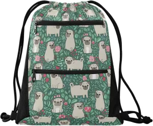 Nannle Cartoon Pug Dogs Green Leaves Large Drawstring Sackpack Bag with Zipper Pockets for Sport Equipment Gym Pool Swimming Beach