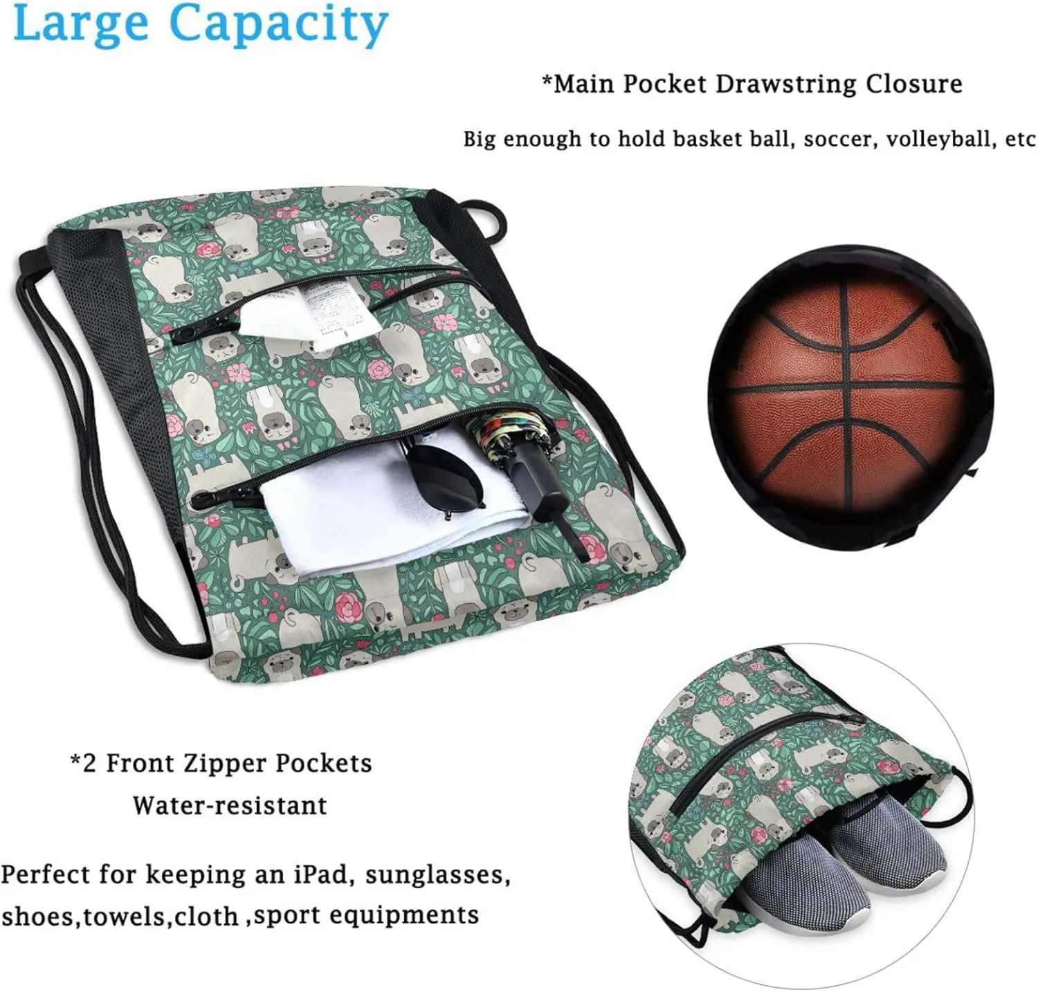 Nannle Cartoon Pug Dogs Green Leaves Large Drawstring Sackpack Bag with Zipper Pockets for Sport Equipment Gym Pool Swimming Beach